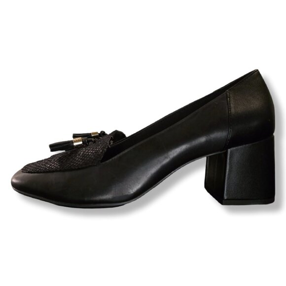 Anne Klein Leather Square Toe 2.5" Block Heel Loafer Slip On Style Pumps - Picture 6 of 11